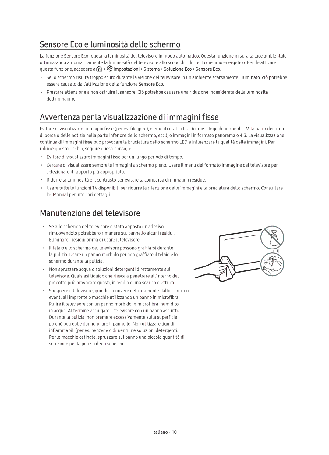 Samsung UE88KS9890TXZG manual Sensore Eco e luminosità dello schermo, Avvertenza per la visualizzazione di immagini fisse 