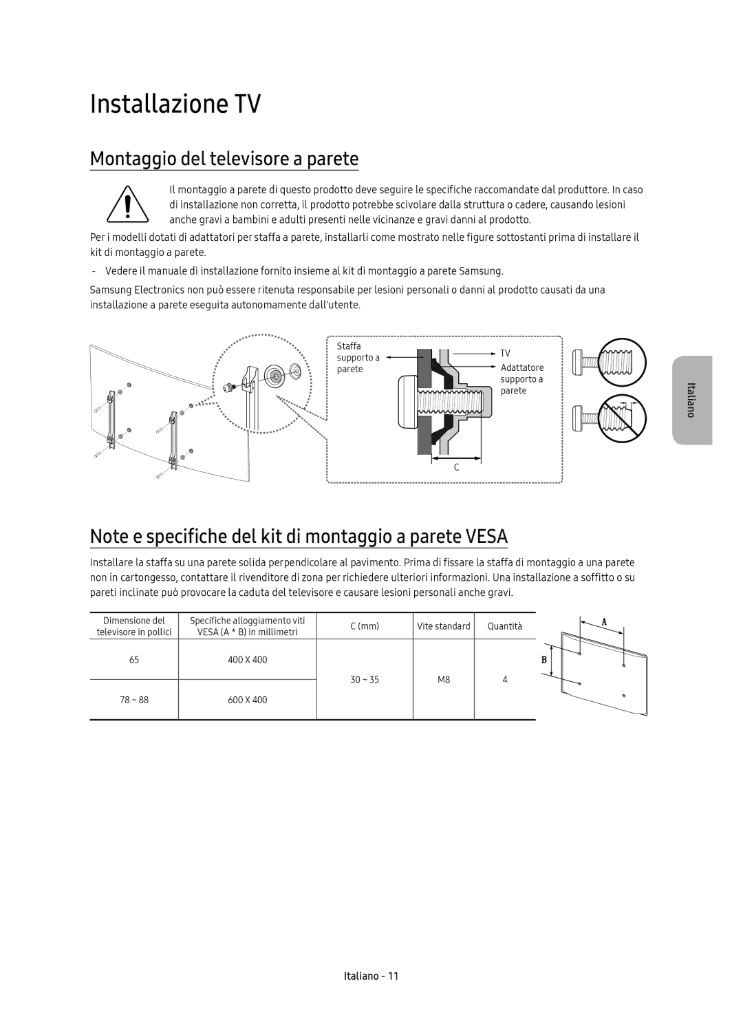 Samsung UE88KS9880TXZG, UE78KS9590TXZG, UE65KS9590TXZG, UE88KS9890TXZG Installazione TV, Montaggio del televisore a parete 