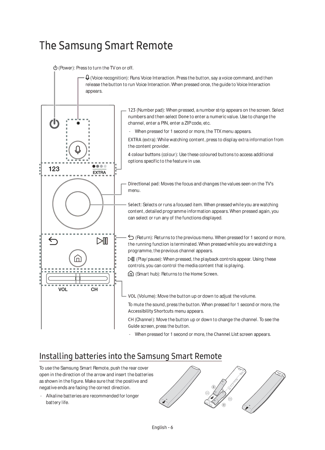 Samsung UE88KS9888TXZG, UE78KS9590TXZG, UE65KS9590TXZG manual Installing batteries into the Samsung Smart Remote 