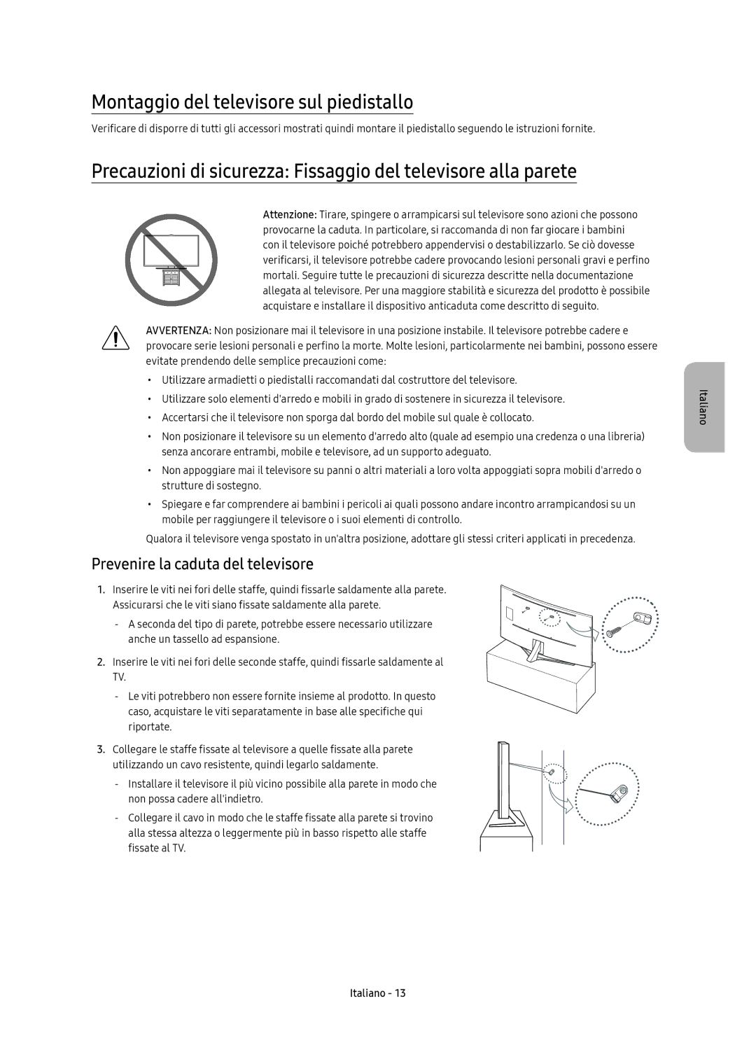 Samsung UE78KS9580TXZG, UE78KS9590TXZG manual Montaggio del televisore sul piedistallo, Prevenire la caduta del televisore 