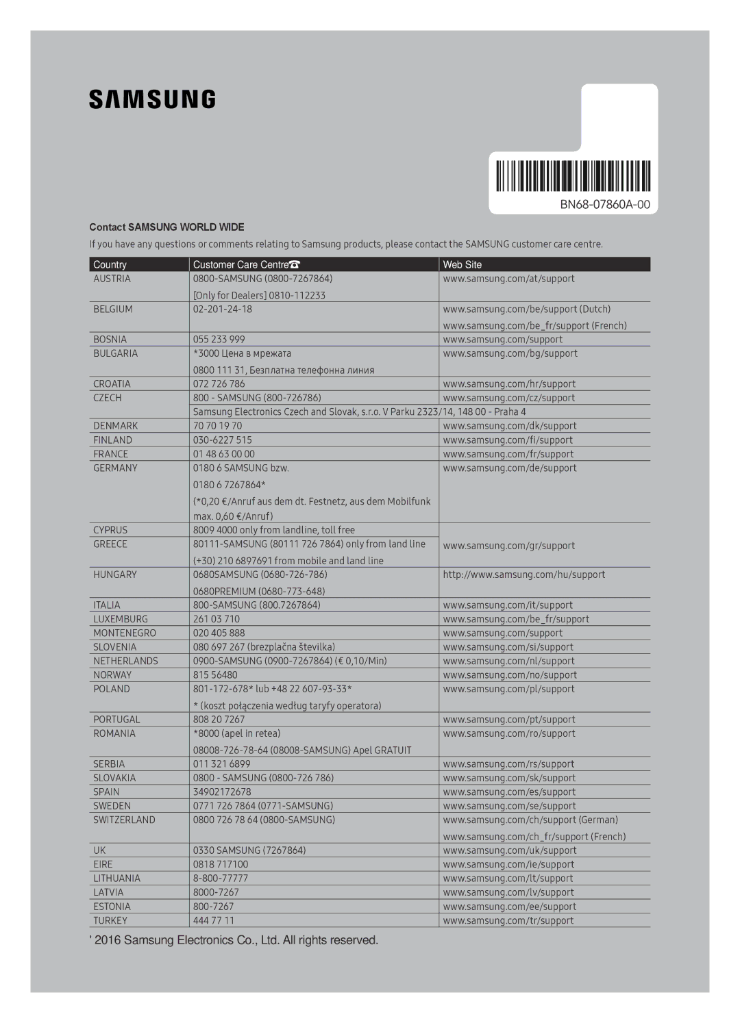 Samsung UE78KS9588TXZG, UE78KS9590TXZG, UE65KS9590TXZG, UE88KS9890TXZG, UE88KS9880TXZG Country Customer Care Centre Web Site 