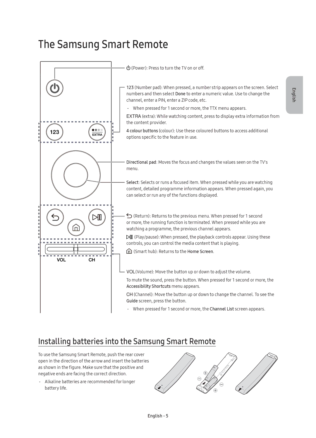 Samsung UE78KU6500UXRU manual Installing batteries into the Samsung Smart Remote 