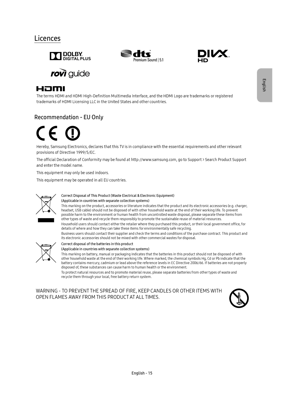 Samsung UE78KU6500UXRU manual Licences, Recommendation EU Only 