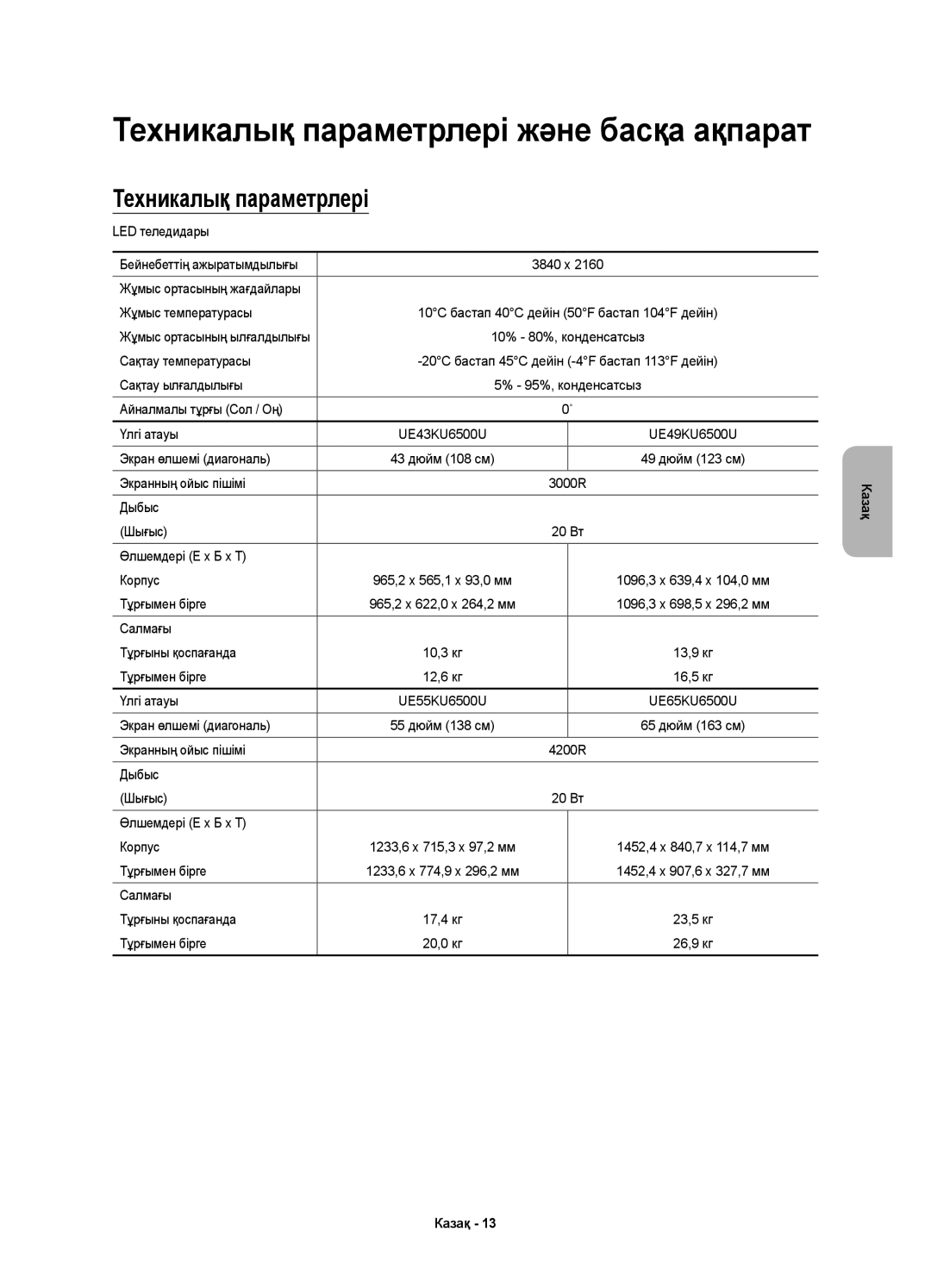 Samsung UE78KU6500UXRU manual Техникалық параметрлері 