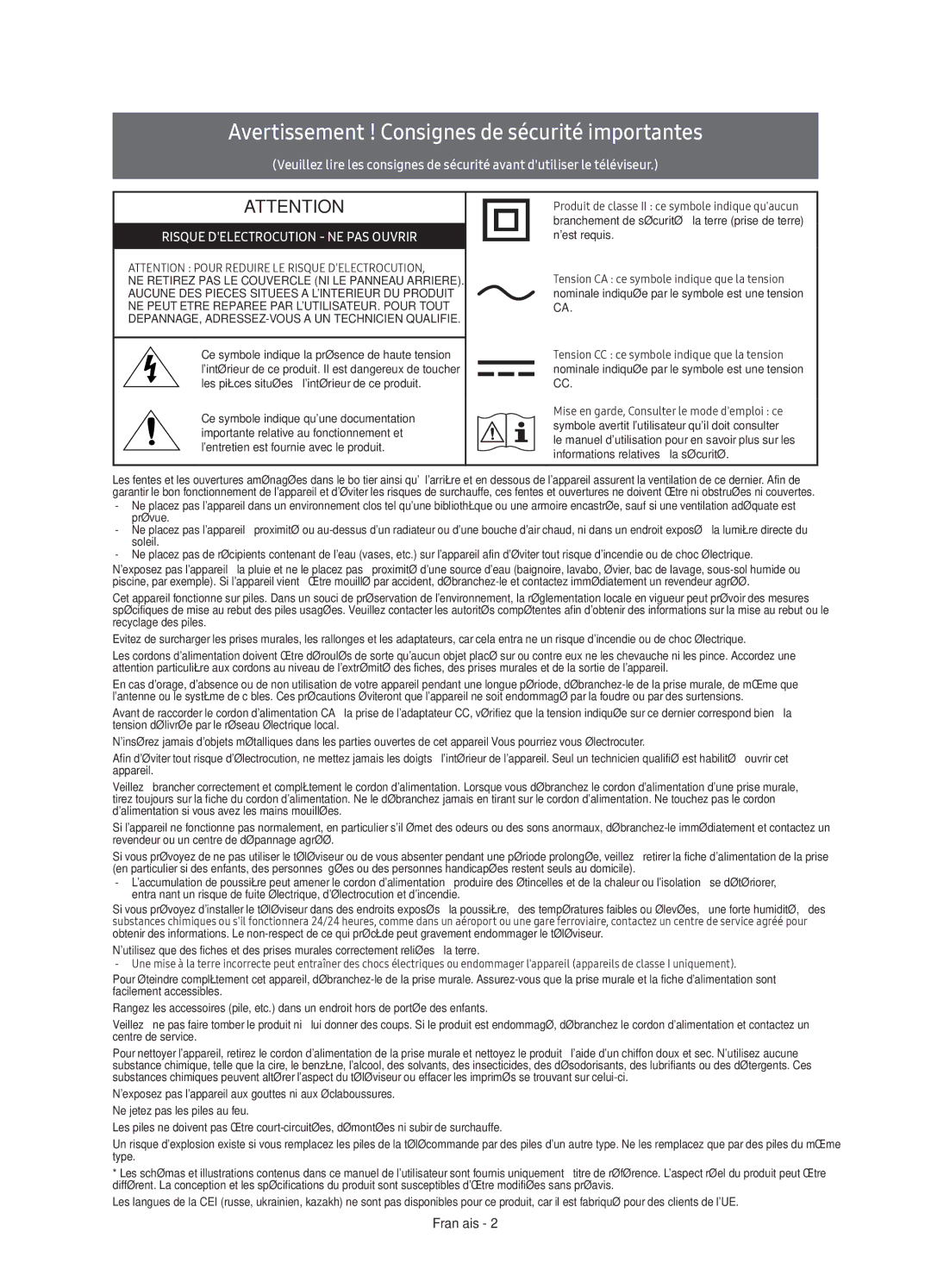 Samsung UE78KU6500UXXC manual Avertissement ! Consignes de sécurité importantes 