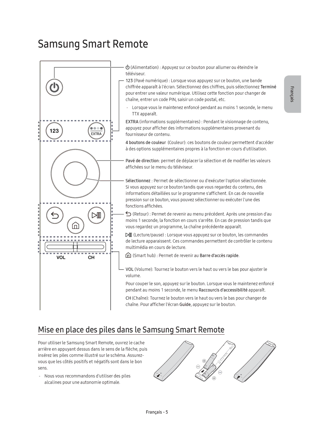 Samsung UE78KU6500UXXC manual Mise en place des piles dans le Samsung Smart Remote 