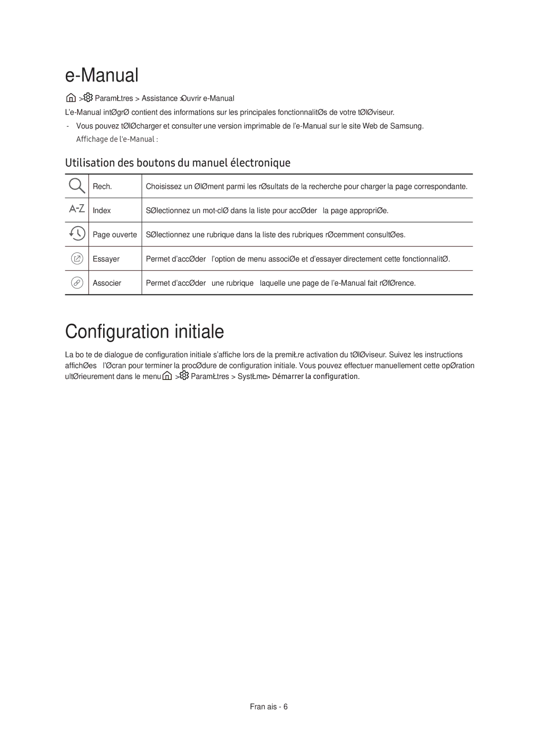 Samsung UE78KU6500UXXC manual Manual, Configuration initiale, Utilisation des boutons du manuel électronique 