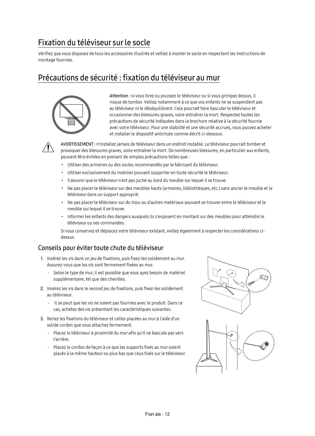 Samsung UE78KU6500UXXC manual Fixation du téléviseur sur le socle, Précautions de sécurité fixation du téléviseur au mur 