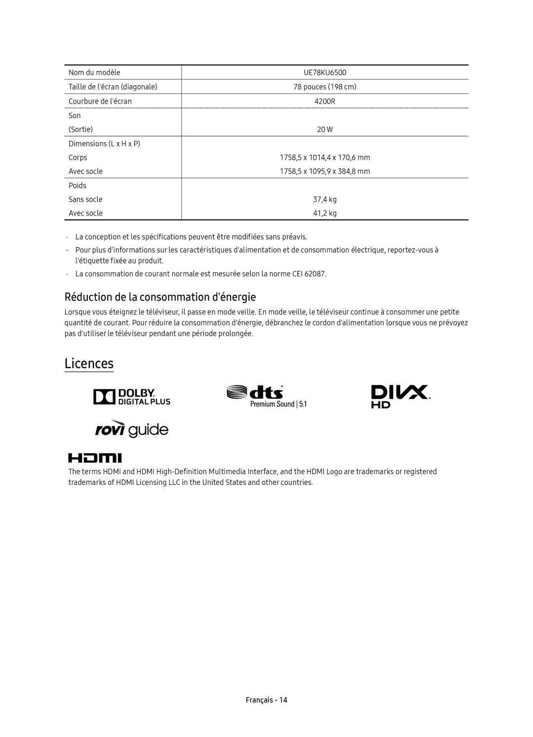 Samsung UE78KU6500UXXC manual Licences, Réduction de la consommation dénergie 