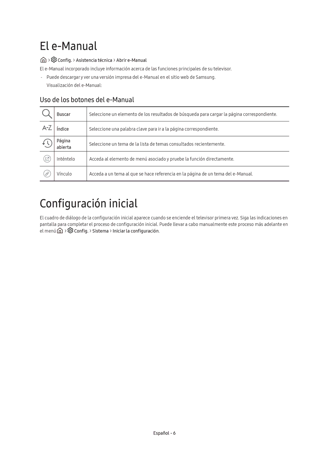 Samsung UE78KU6500UXXC manual El e-Manual, Configuración inicial, Uso de los botones del e-Manual 