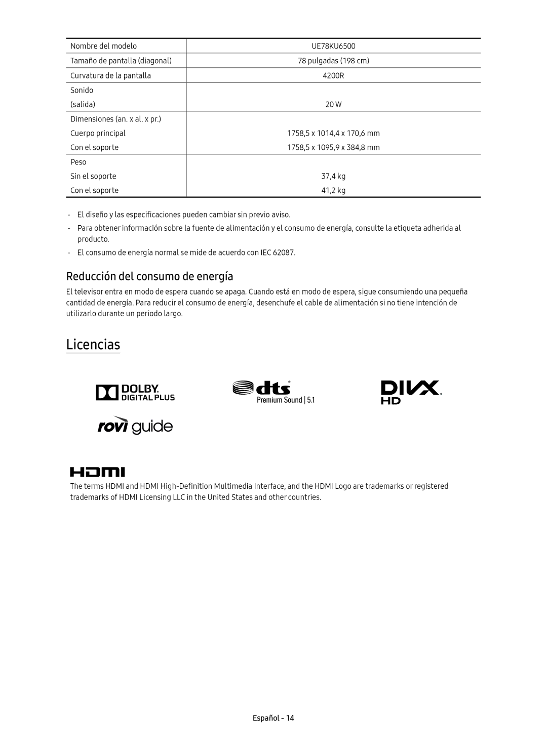 Samsung UE78KU6500UXXC manual Licencias, Reducción del consumo de energía 