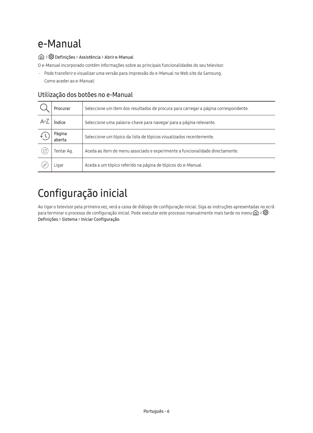 Samsung UE78KU6500UXXC manual Configuração inicial, Utilização dos botões no e-Manual 