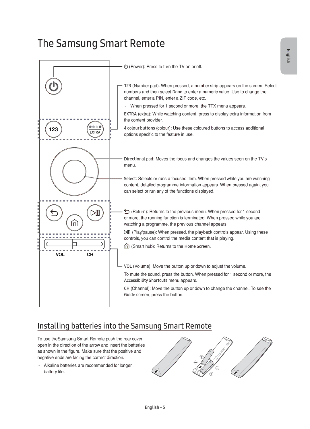 Samsung UE78KU6500UXXC manual Installing batteries into the Samsung Smart Remote 