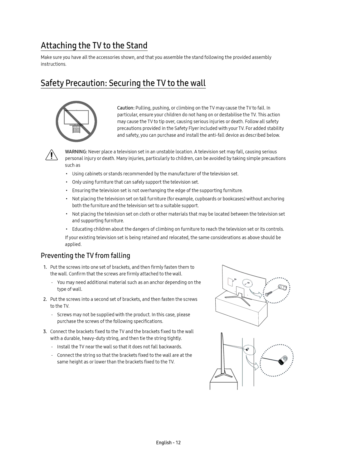 Samsung UE78KU6500UXZT, UE78KU6500UXXC manual Attaching the TV to the Stand, Safety Precaution Securing the TV to the wall 