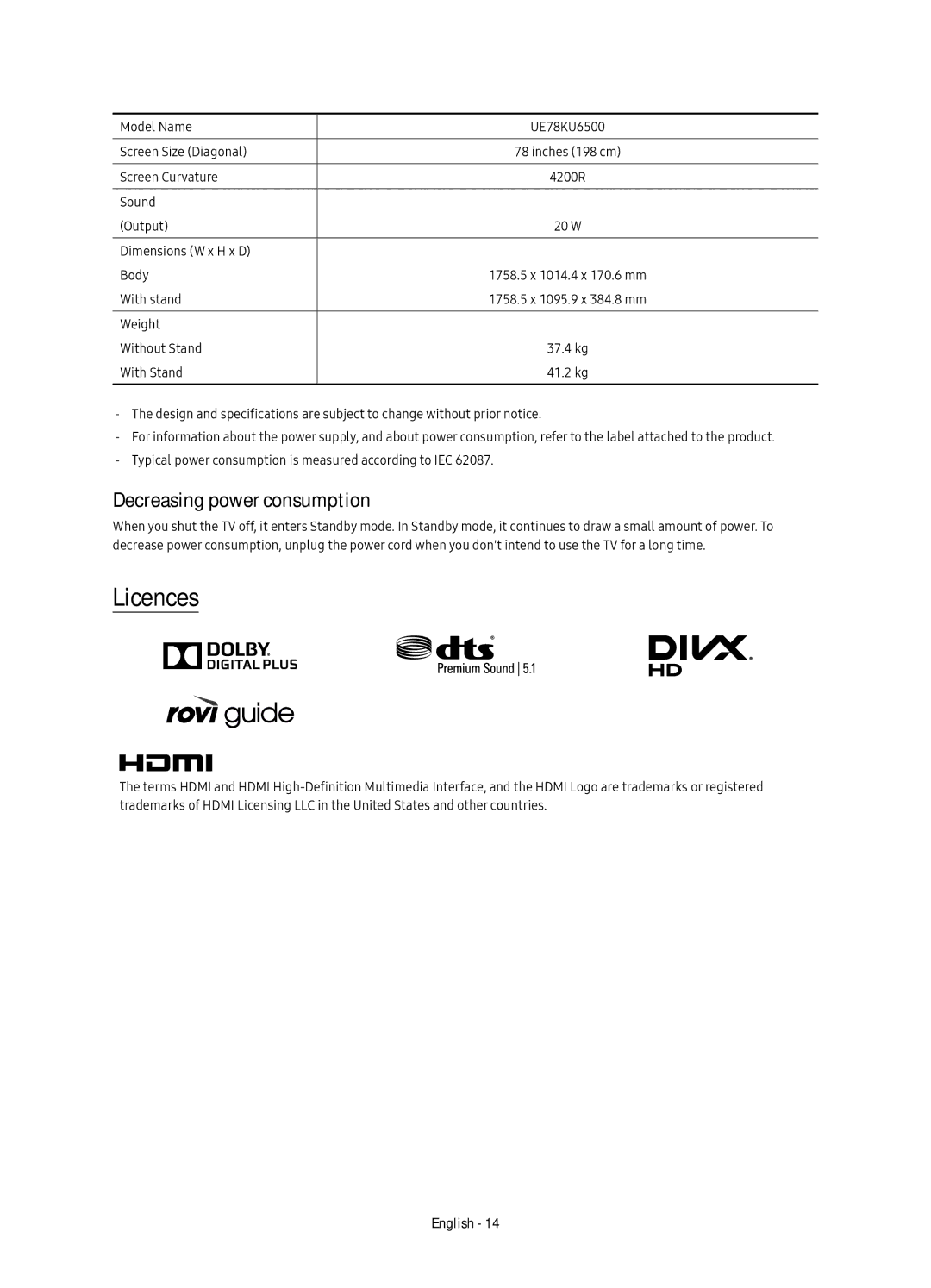 Samsung UE78KU6500UXZG, UE78KU6500UXZT, UE78KU6500UXXC, UE78KU6500UXXU manual Licences, Decreasing power consumption 