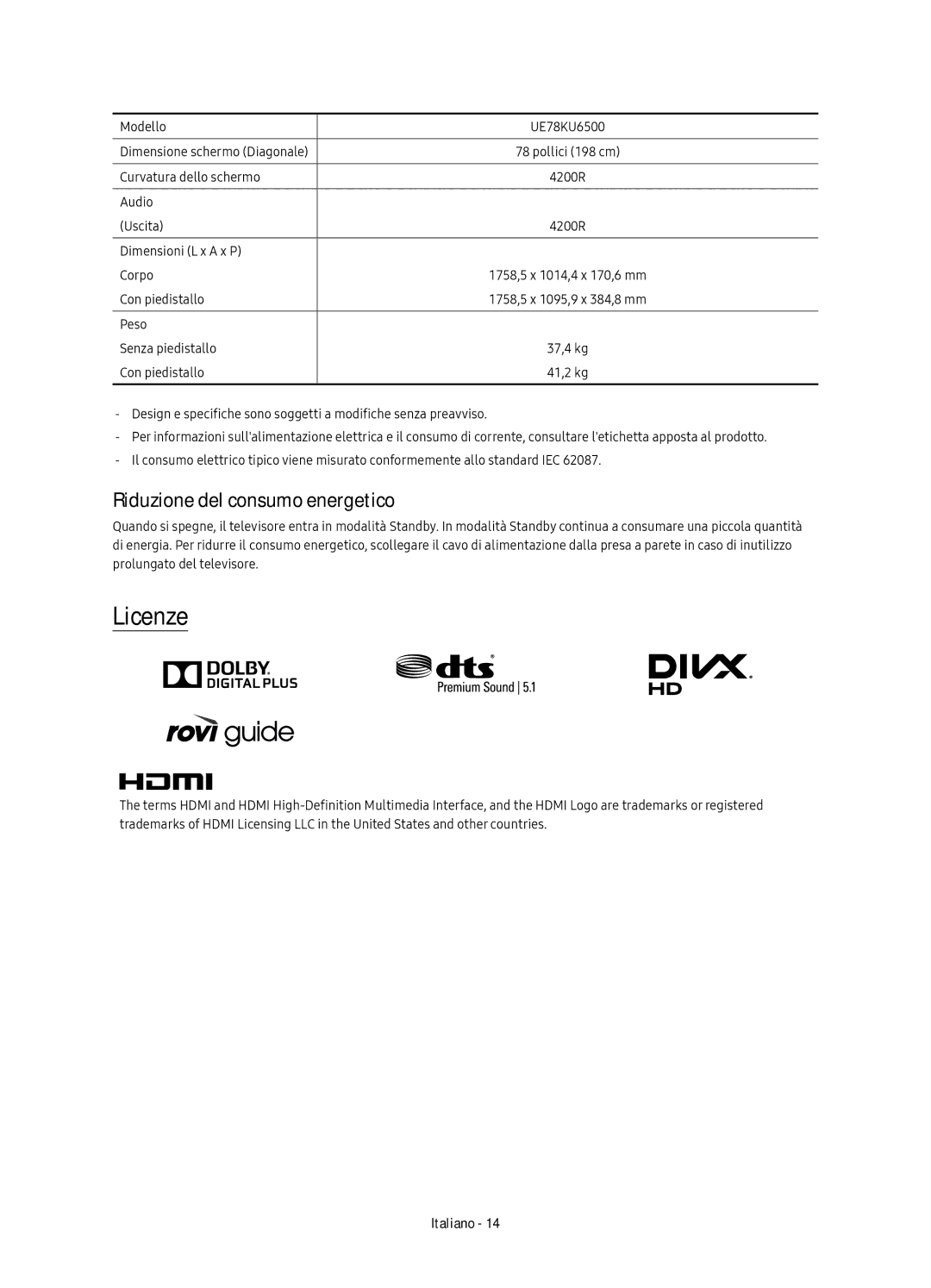 Samsung UE78KU6500UXZT, UE78KU6500UXXC, UE78KU6500UXZG, UE78KU6500UXXU manual Licenze, Riduzione del consumo energetico 