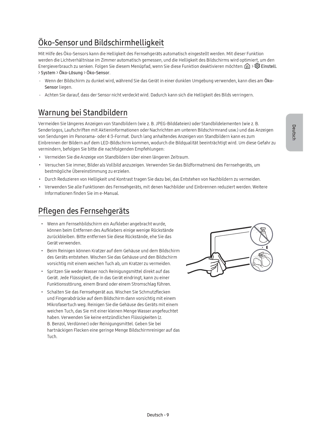 Samsung UE78KU6500UXXU manual Öko-Sensor und Bildschirmhelligkeit, Warnung bei Standbildern, Pflegen des Fernsehgeräts 