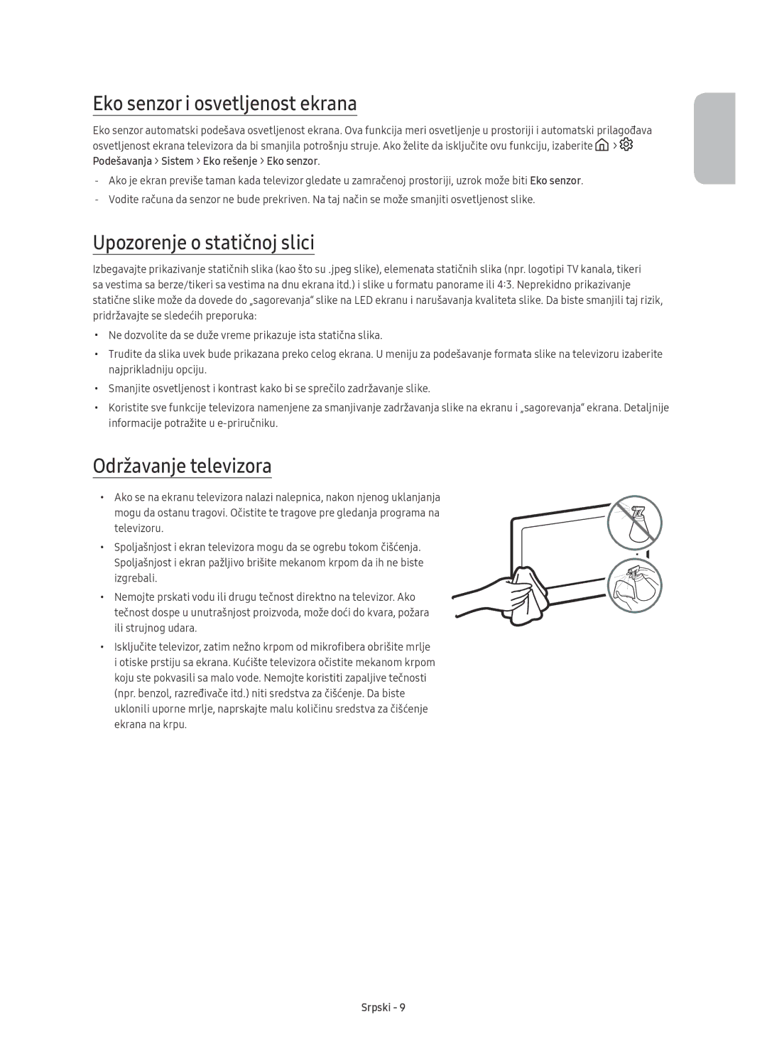 Samsung UE78KU6502UXXH manual Eko senzor i osvetljenost ekrana, Upozorenje o statičnoj slici, Održavanje televizora 