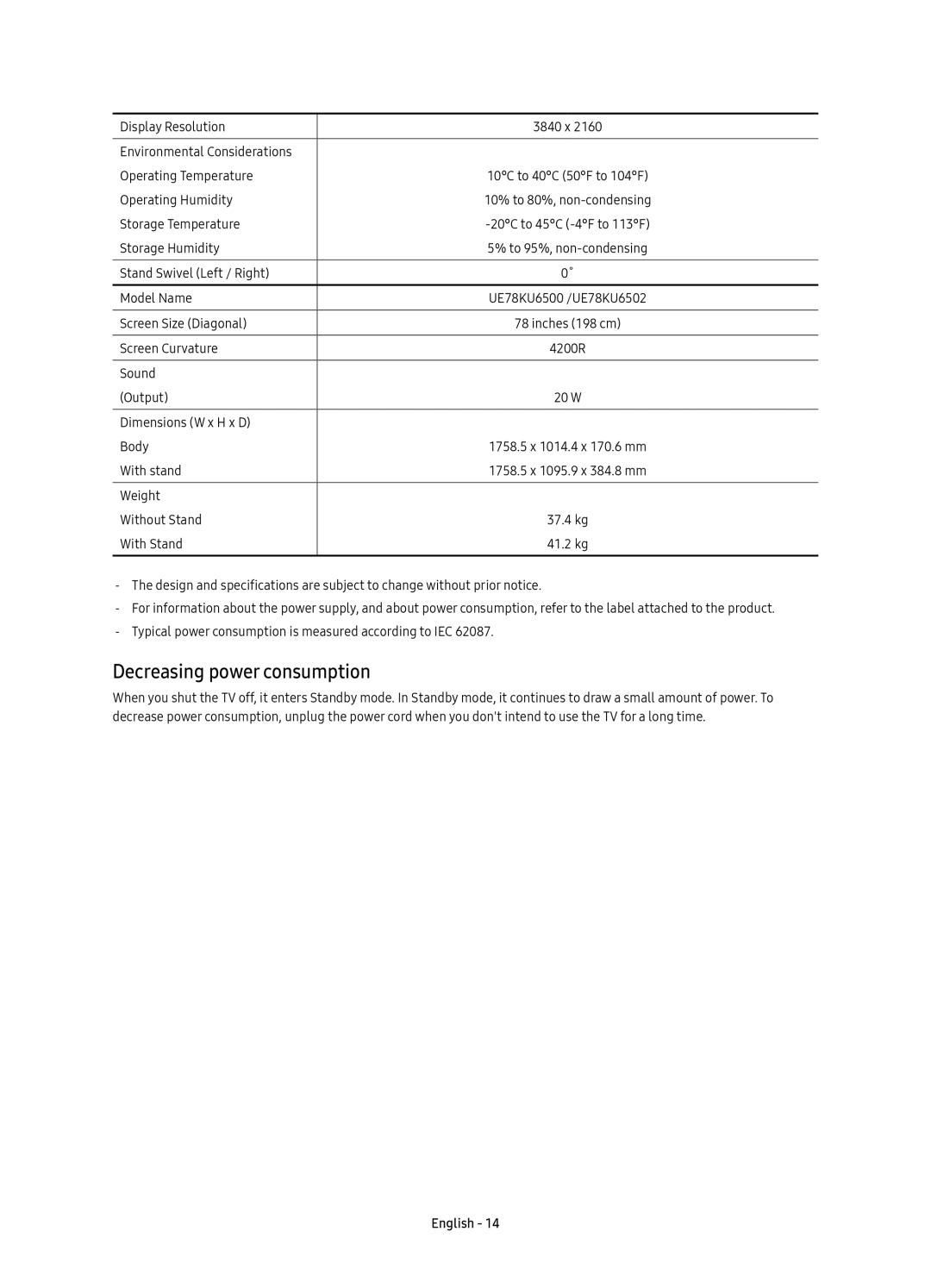 Samsung UE78KU6500SXXH, UE78KU6502UXXH, UE78KU6500SXXN manual Decreasing power consumption 