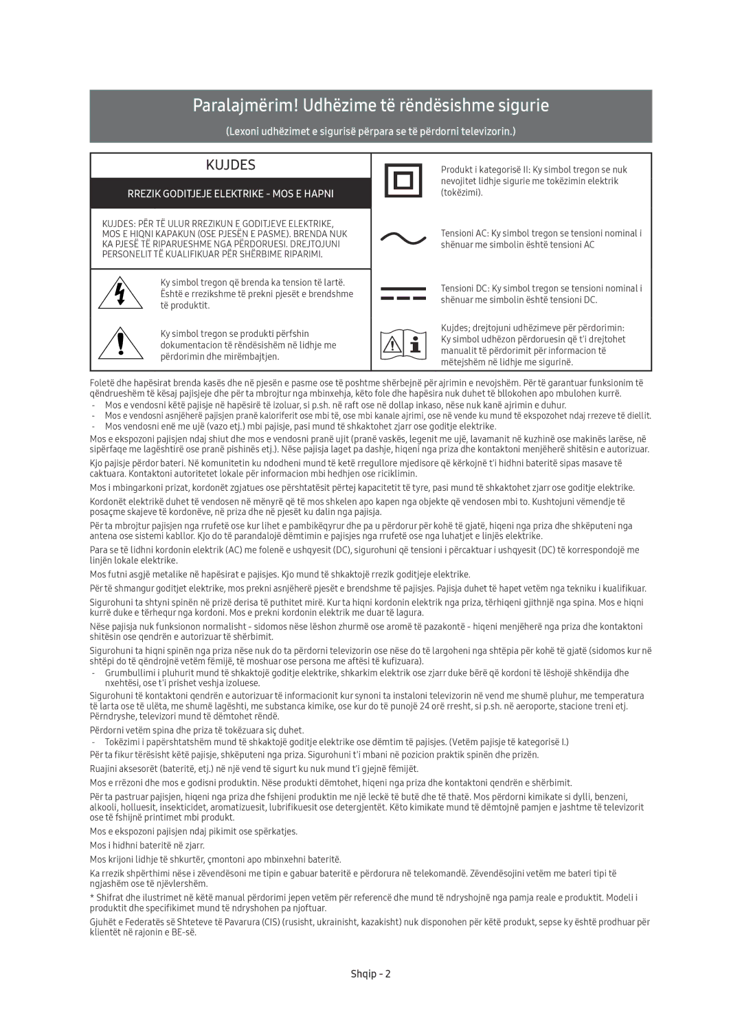 Samsung UE78KU6500SXXN manual Paralajmërim! Udhëzime të rëndësishme sigurie, Rrezik Goditjeje Elektrike MOS E Hapni, Shqip 
