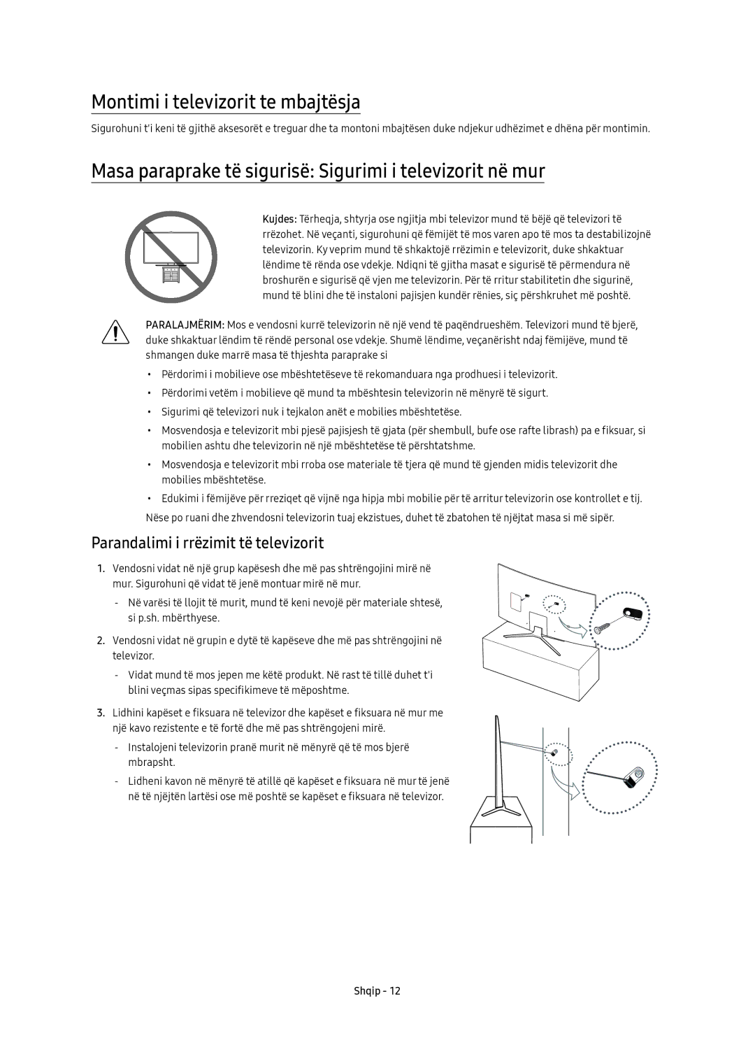 Samsung UE78KU6500SXXH manual Montimi i televizorit te mbajtësja, Masa paraprake të sigurisë Sigurimi i televizorit në mur 