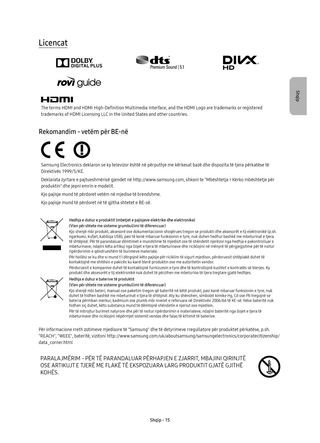 Samsung UE78KU6500SXXH, UE78KU6502UXXH, UE78KU6500SXXN manual Licencat, Rekomandim vetëm për BE-në 