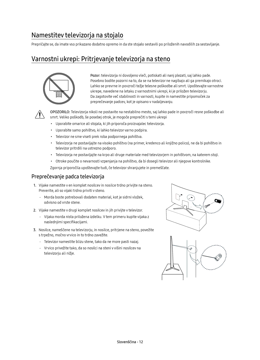 Samsung UE78KU6502UXXH manual Namestitev televizorja na stojalo, Varnostni ukrepi Pritrjevanje televizorja na steno 