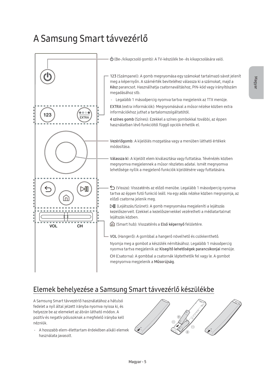 Samsung UE78KU6500SXXN, UE78KU6502UXXH, UE78KU6500SXXH manual Elemek behelyezése a Samsung Smart távvezérlő készülékbe 