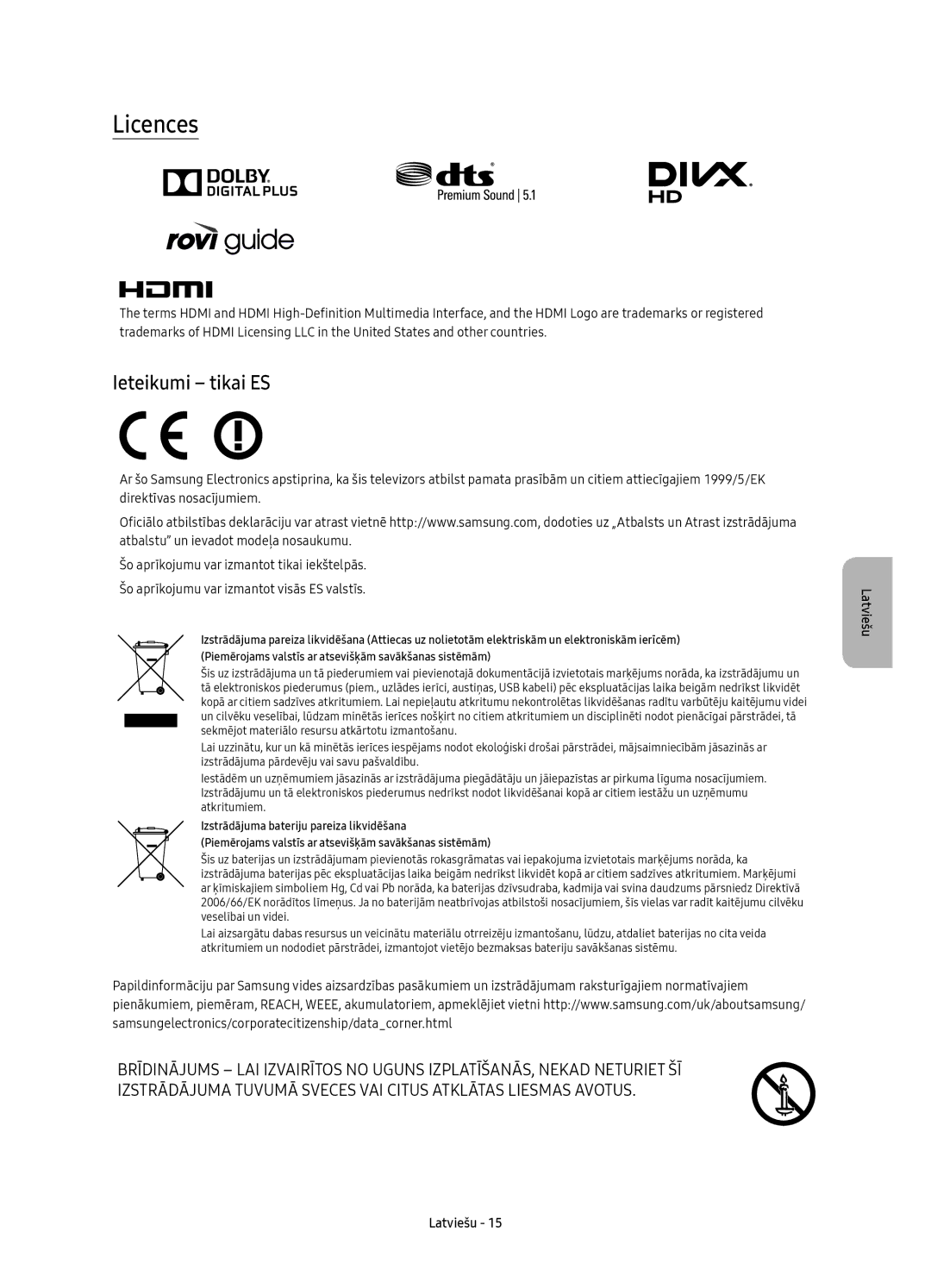 Samsung UE78KU6500SXXH, UE78KU6502UXXH, UE78KU6500SXXN manual Licences, Ieteikumi tikai ES 