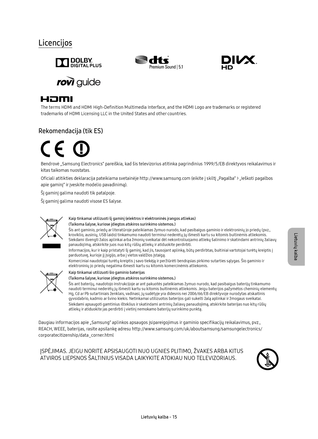 Samsung UE78KU6500SXXN, UE78KU6502UXXH, UE78KU6500SXXH manual Licencijos, Rekomendacija tik ES 