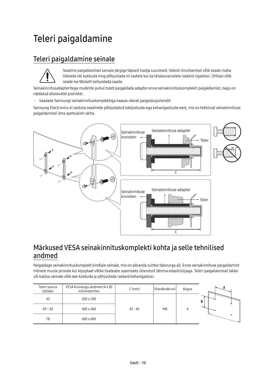 Samsung UE78KU6500SXXN, UE78KU6502UXXH, UE78KU6500SXXH manual Teleri paigaldamine seinale 