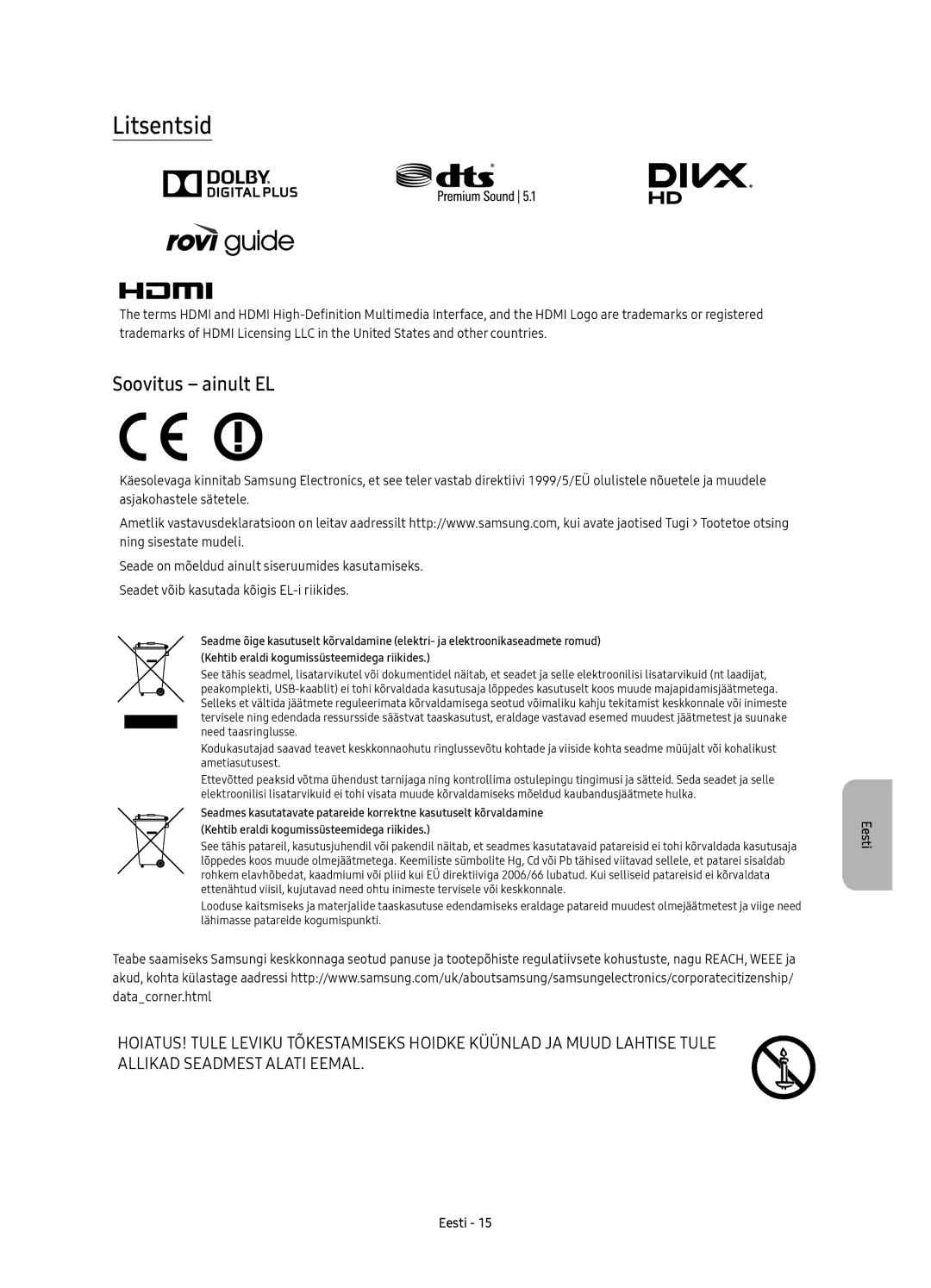 Samsung UE78KU6502UXXH, UE78KU6500SXXN, UE78KU6500SXXH manual Litsentsid, Soovitus ainult EL 