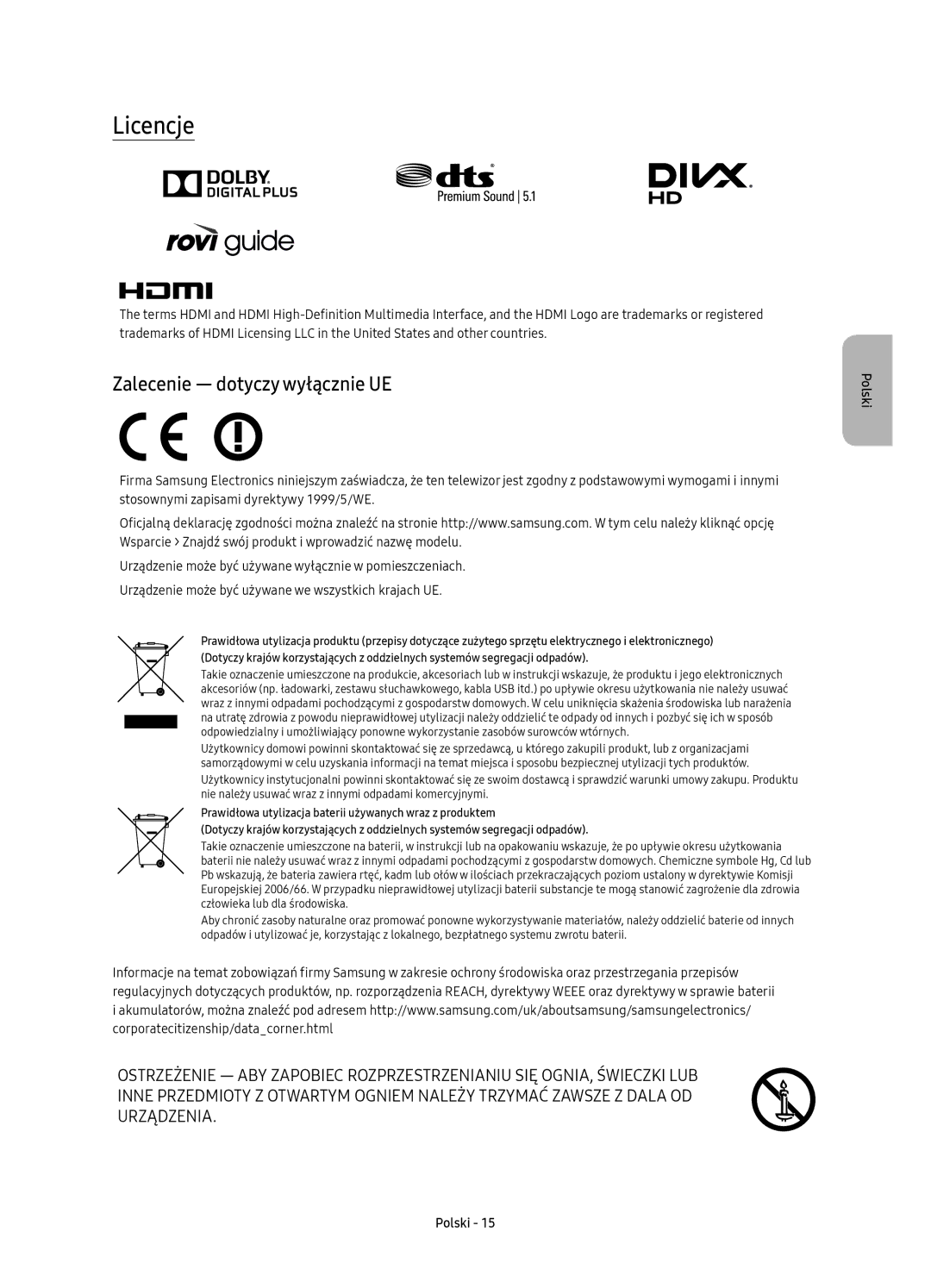 Samsung UE78KU6500SXXN, UE78KU6502UXXH, UE78KU6500SXXH manual Licencje, Zalecenie dotyczy wyłącznie UE 