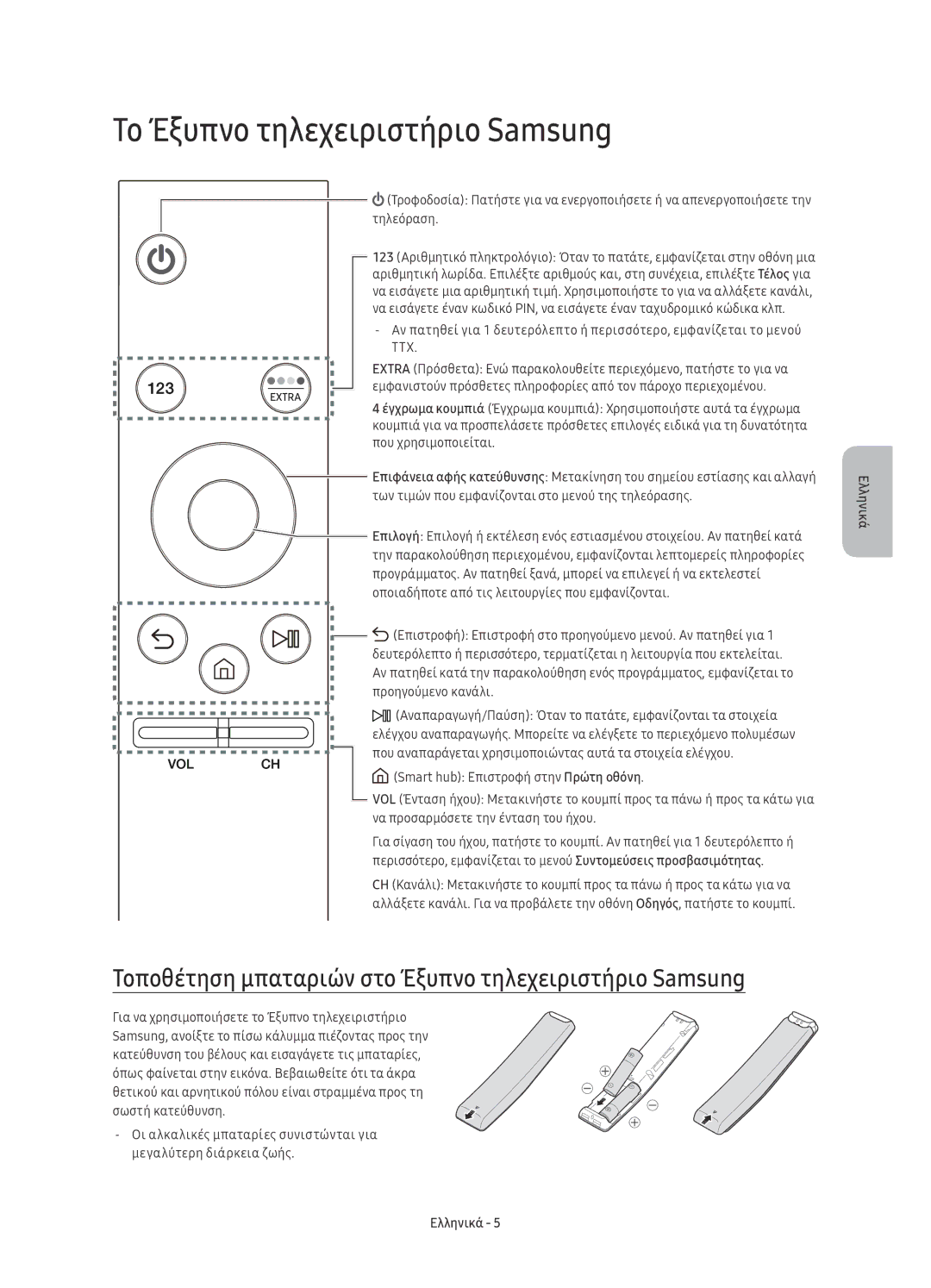 Samsung UE78KU6500SXXH manual Το Έξυπνο τηλεχειριστήριο Samsung, Τοποθέτηση μπαταριών στο Έξυπνο τηλεχειριστήριο Samsung 