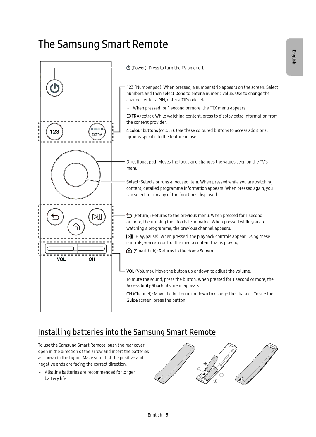 Samsung UE78KU6500SXXH manual Installing batteries into the Samsung Smart Remote, Accessibility Shortcuts menu appears 