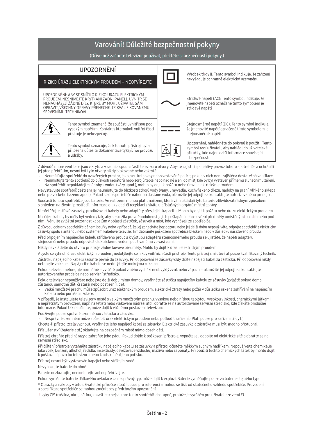 Samsung UE78KU6500SXXH manual Varování! Důležité bezpečnostní pokyny, Riziko Úrazu Elektrickým Proudem Neotvírejte, Čeština 