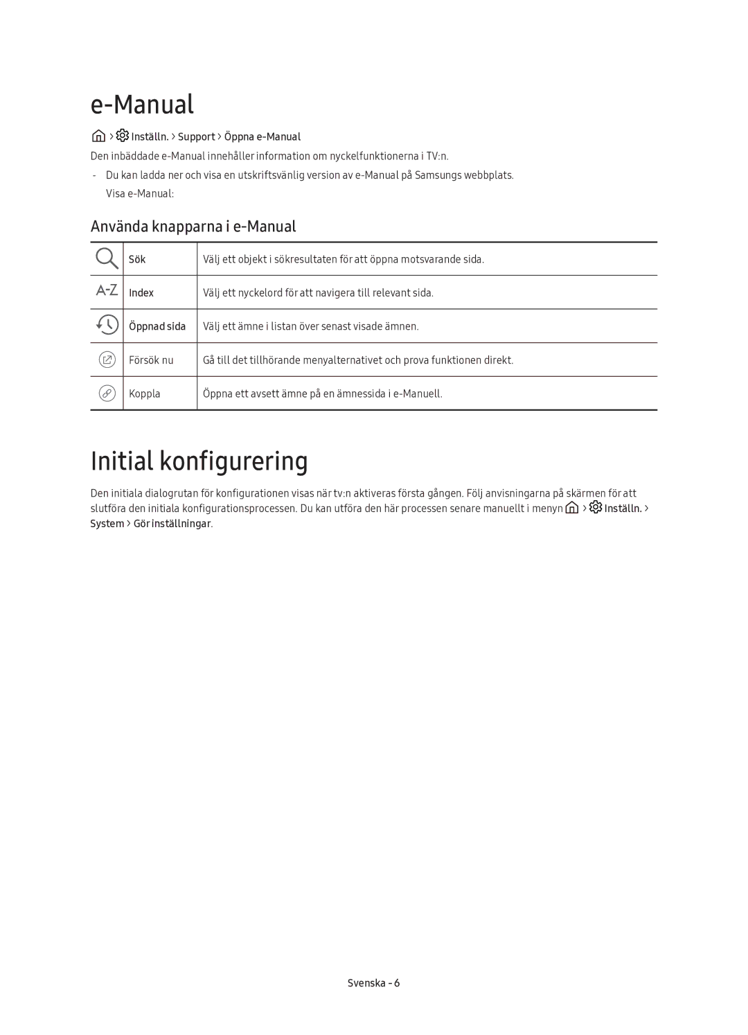 Samsung UE78KU6505UXXE manual Initial konfigurering, Använda knapparna i e-Manual 