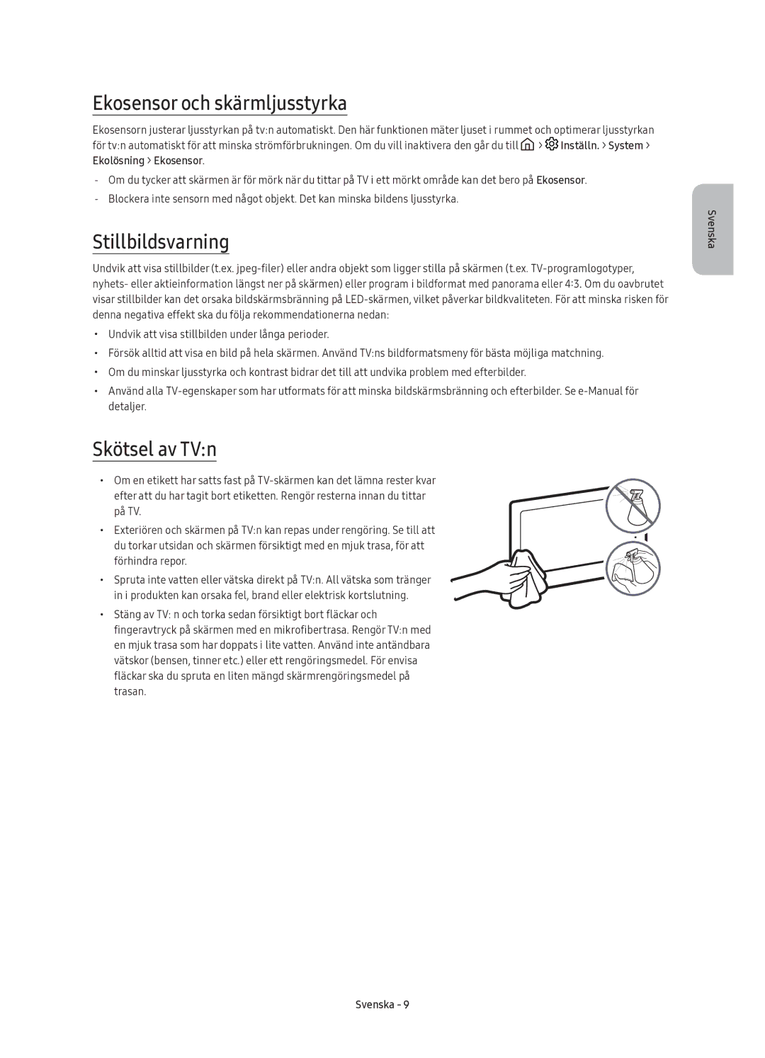 Samsung UE78KU6505UXXE manual Ekosensor och skärmljusstyrka, Stillbildsvarning, Skötsel av TVn 