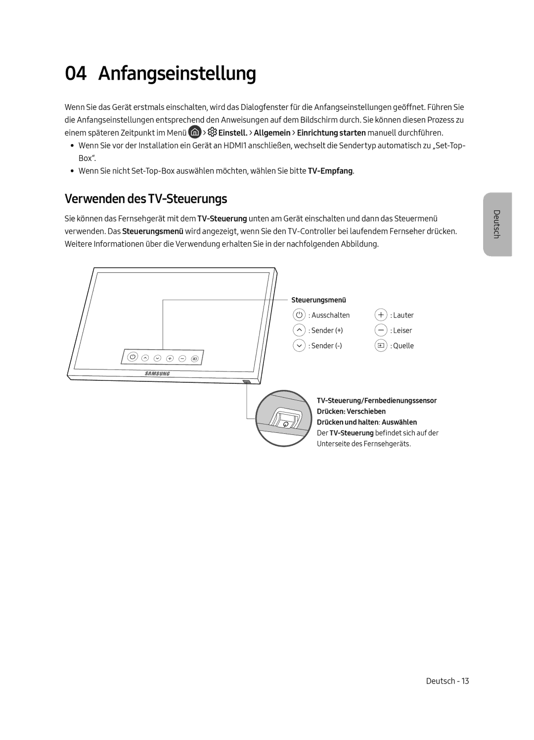 Samsung UE55MU7000LXXN, UE82MU7000LXXN, UE65MU7000LXXN, UE49MU7000LXXN manual Anfangseinstellung, Verwenden des TV-Steuerungs 