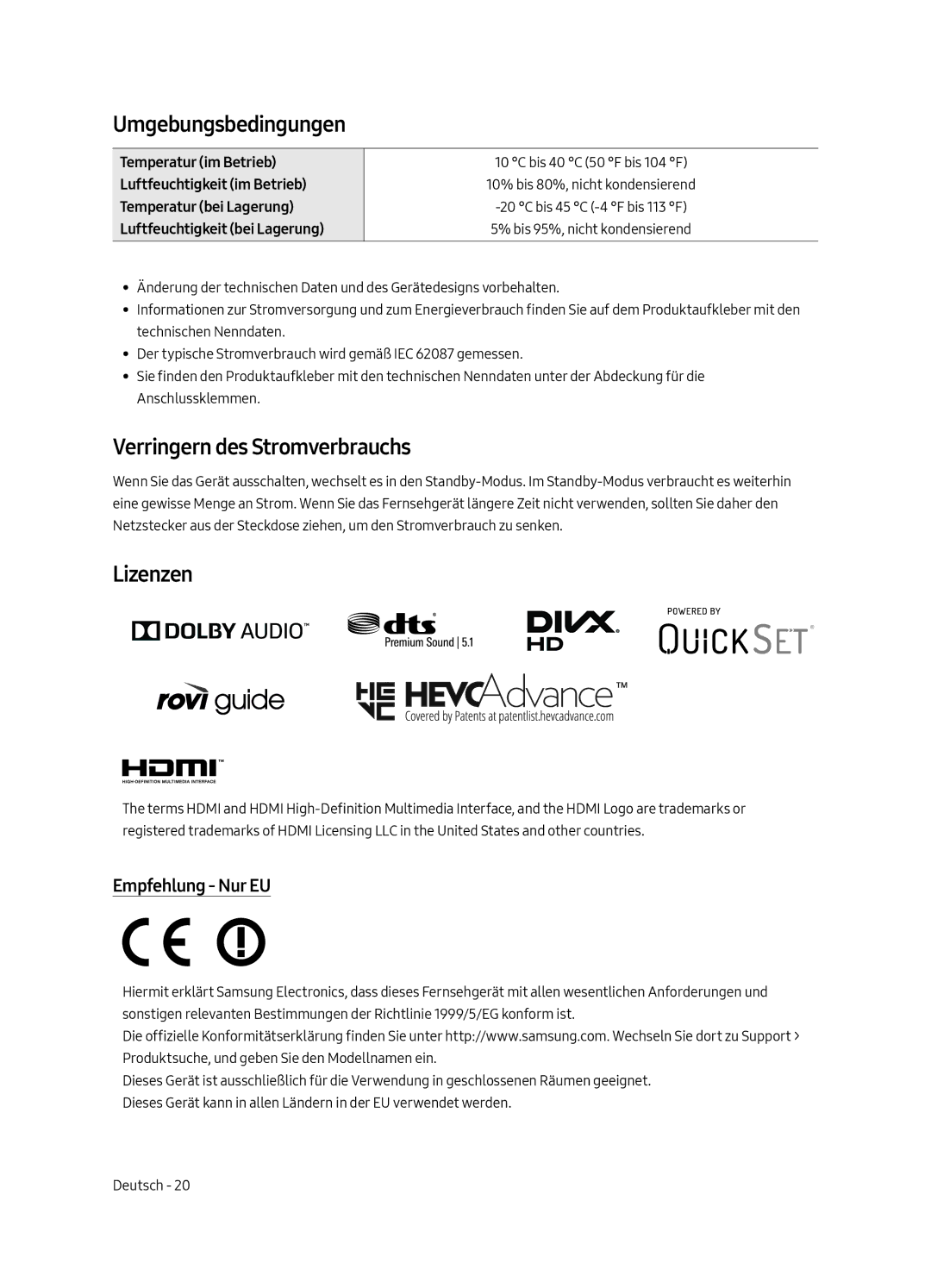 Samsung UE75MU7000LXXN, UE82MU7000LXXN Umgebungsbedingungen, Verringern des Stromverbrauchs, Lizenzen, Empfehlung Nur EU 