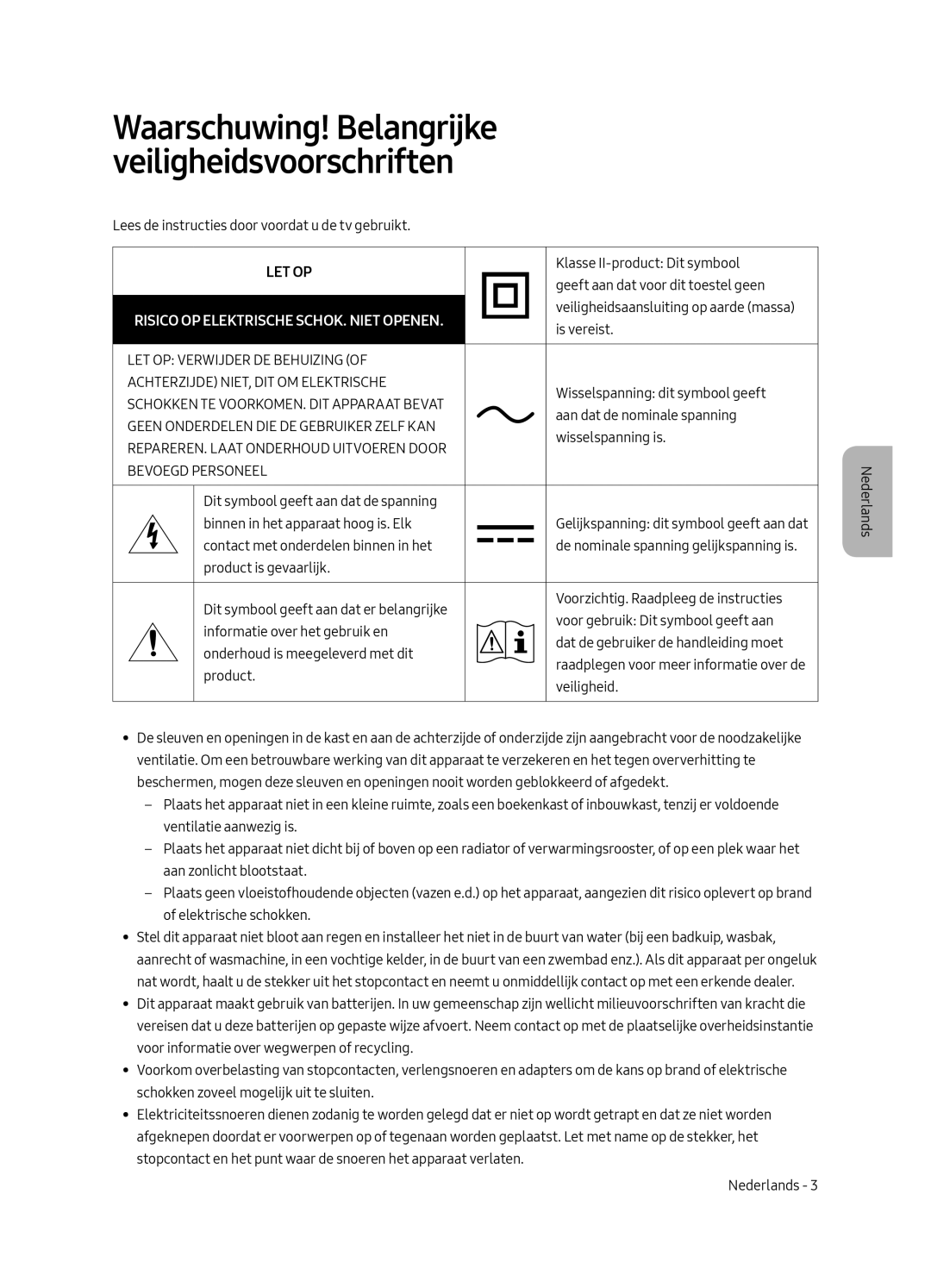 Samsung UE75MU7000LXXN, UE82MU7000LXXN, UE65MU7000LXXN, UE55MU7000LXXN Waarschuwing! Belangrijke veiligheidsvoorschriften 