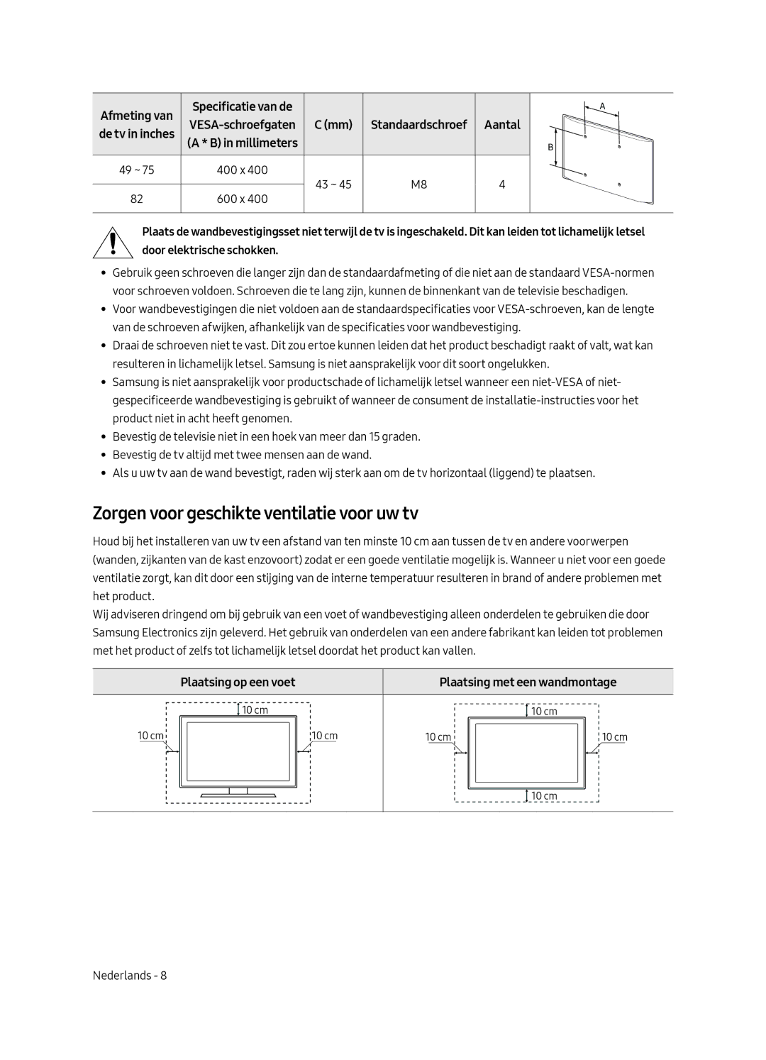 Samsung UE75MU7000LXXN, UE82MU7000LXXN Zorgen voor geschikte ventilatie voor uw tv, Afmeting van, Plaatsing op een voet 