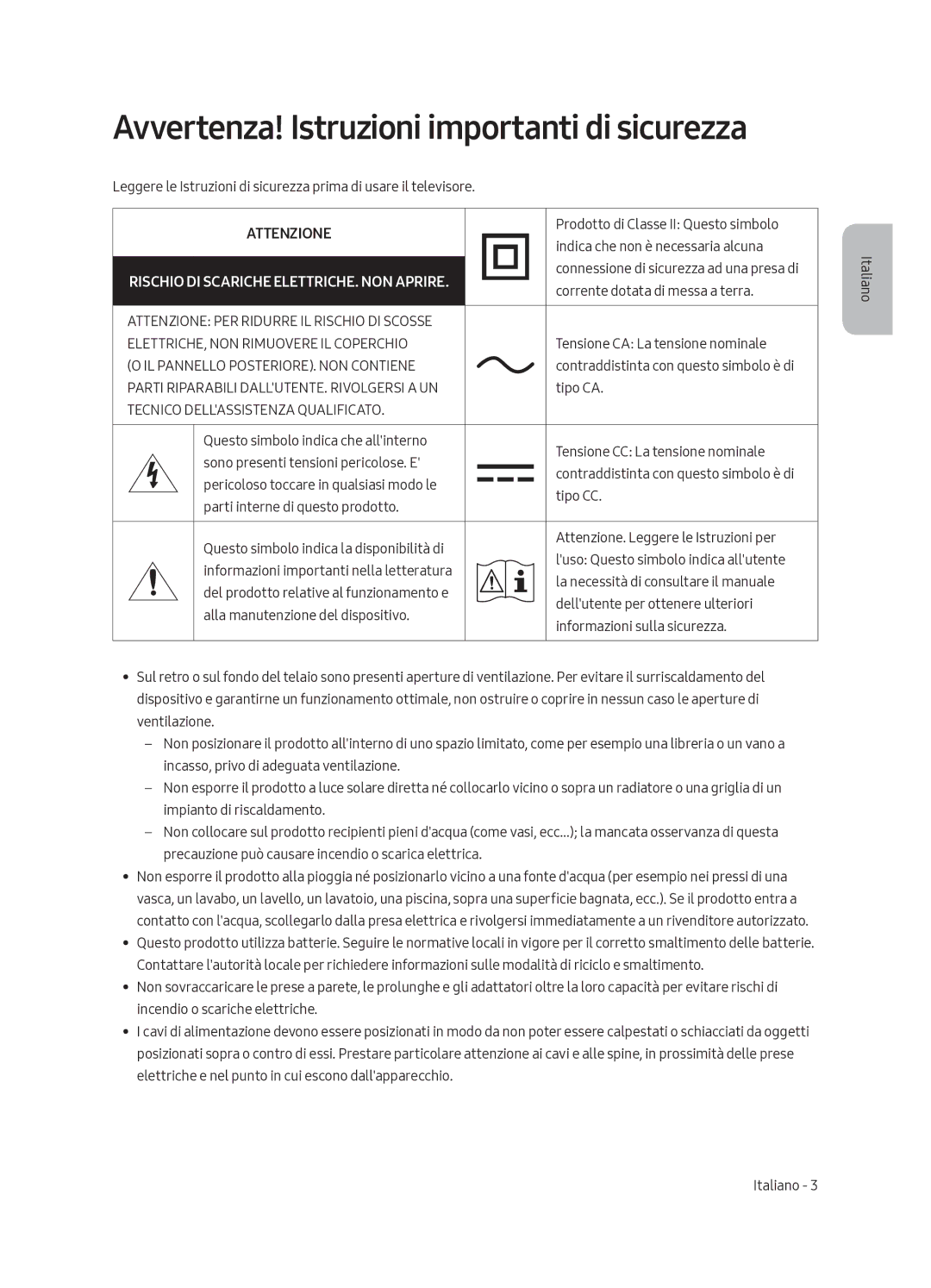 Samsung UE82MU7000TXZT manual Avvertenza! Istruzioni importanti di sicurezza 