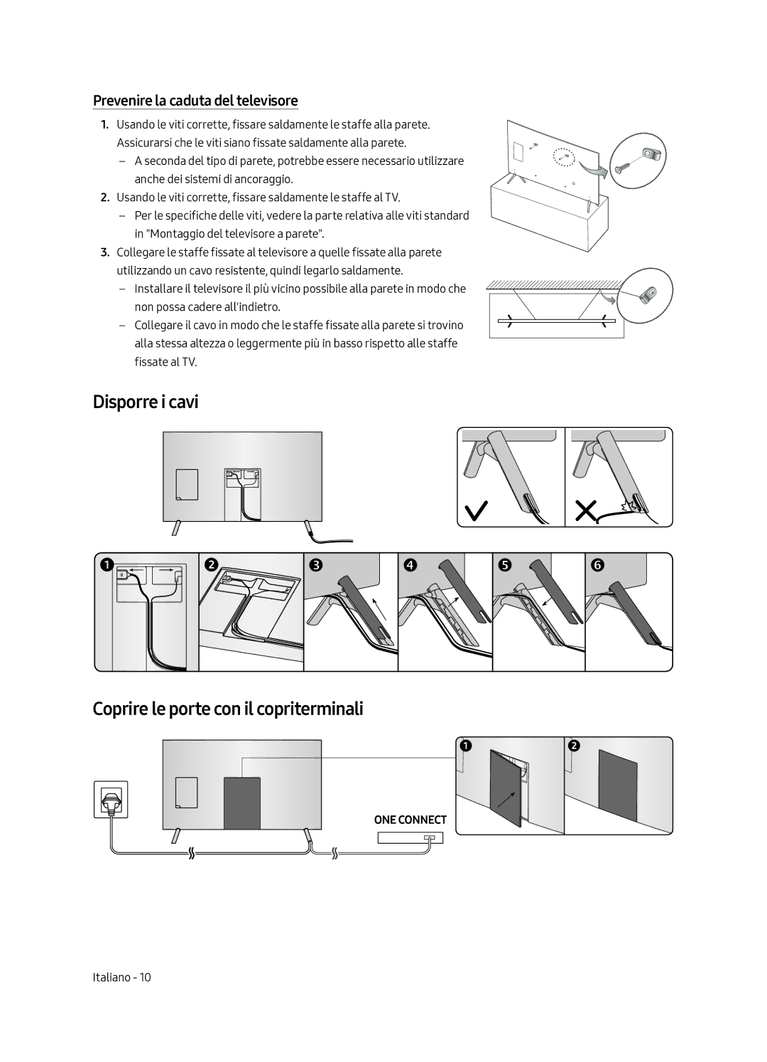 Samsung UE82MU7000TXZT manual Disporre i cavi Coprire le porte con il copriterminali, Prevenire la caduta del televisore 