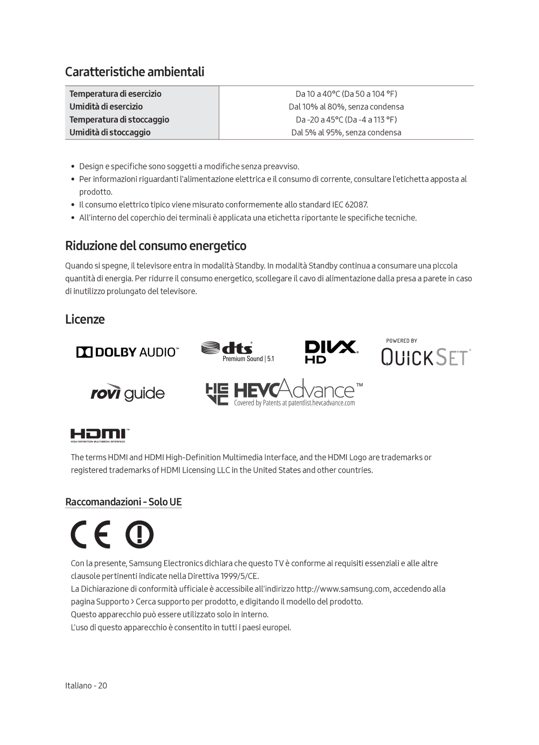 Samsung UE82MU7000TXZT Caratteristiche ambientali, Riduzione del consumo energetico, Licenze, Raccomandazioni Solo UE 