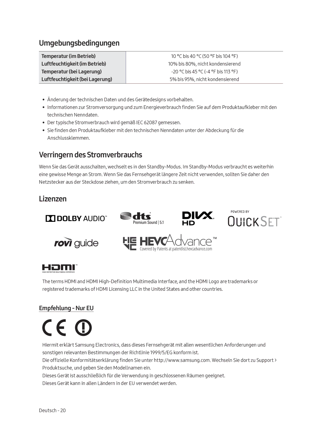 Samsung UE82MU7000TXZT manual Umgebungsbedingungen, Verringern des Stromverbrauchs, Lizenzen, Empfehlung Nur EU 