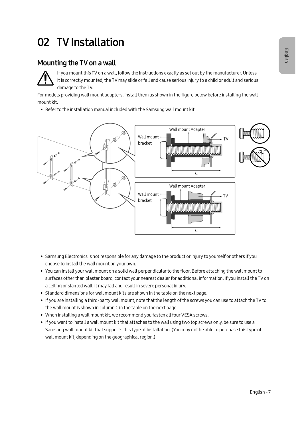 Samsung UE82MU7000TXZT manual TV Installation, Mounting the TV on a wall 