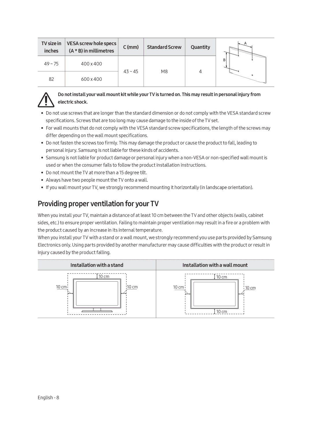 Samsung UE82MU7000TXZT manual Providing proper ventilation for your TV 