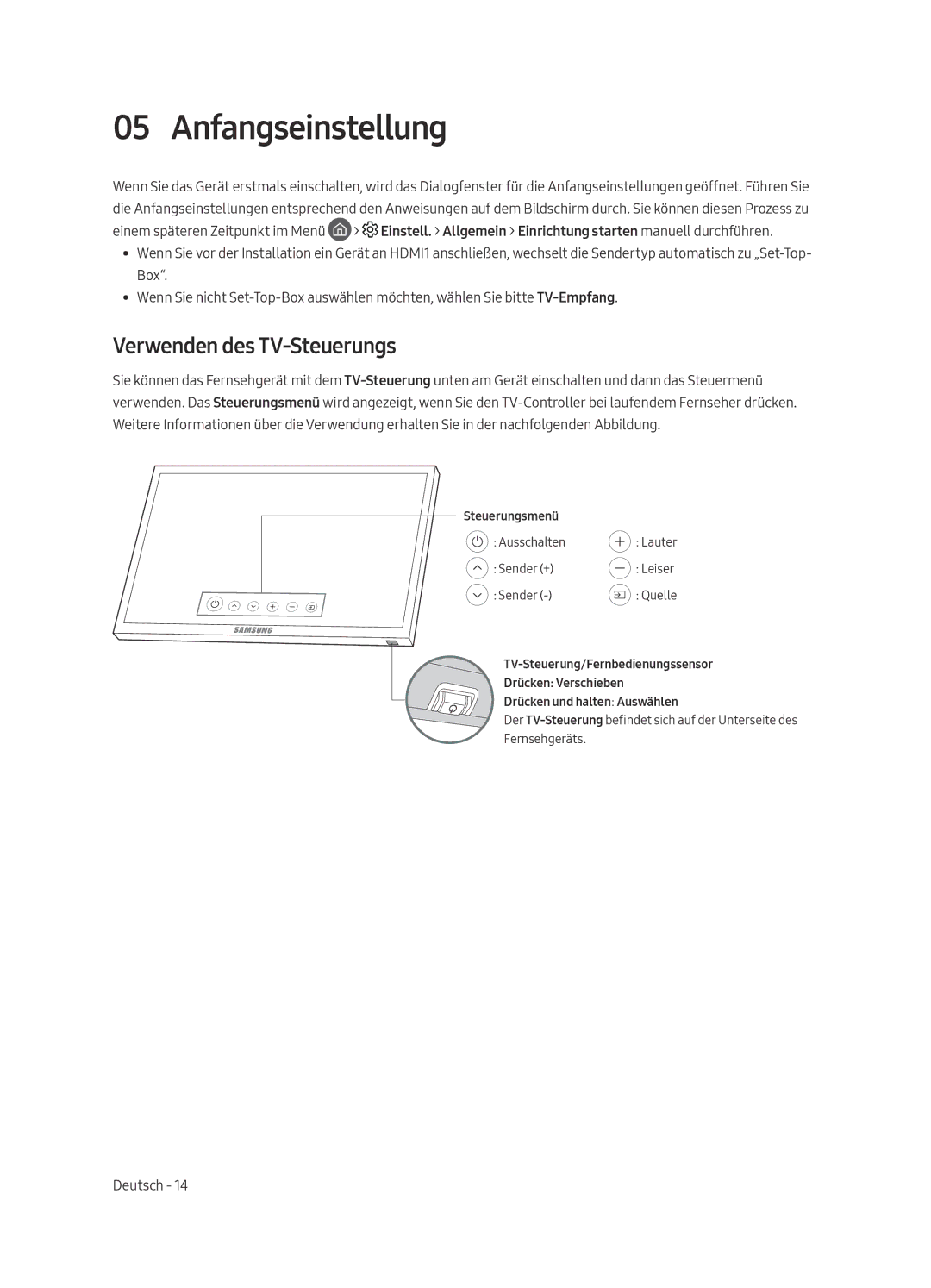 Samsung UE75MU7005TXXC, UE82MU7005TXXC, UE65MU7005TXXC, UE55MU7005TXXC manual Anfangseinstellung, Verwenden des TV-Steuerungs 