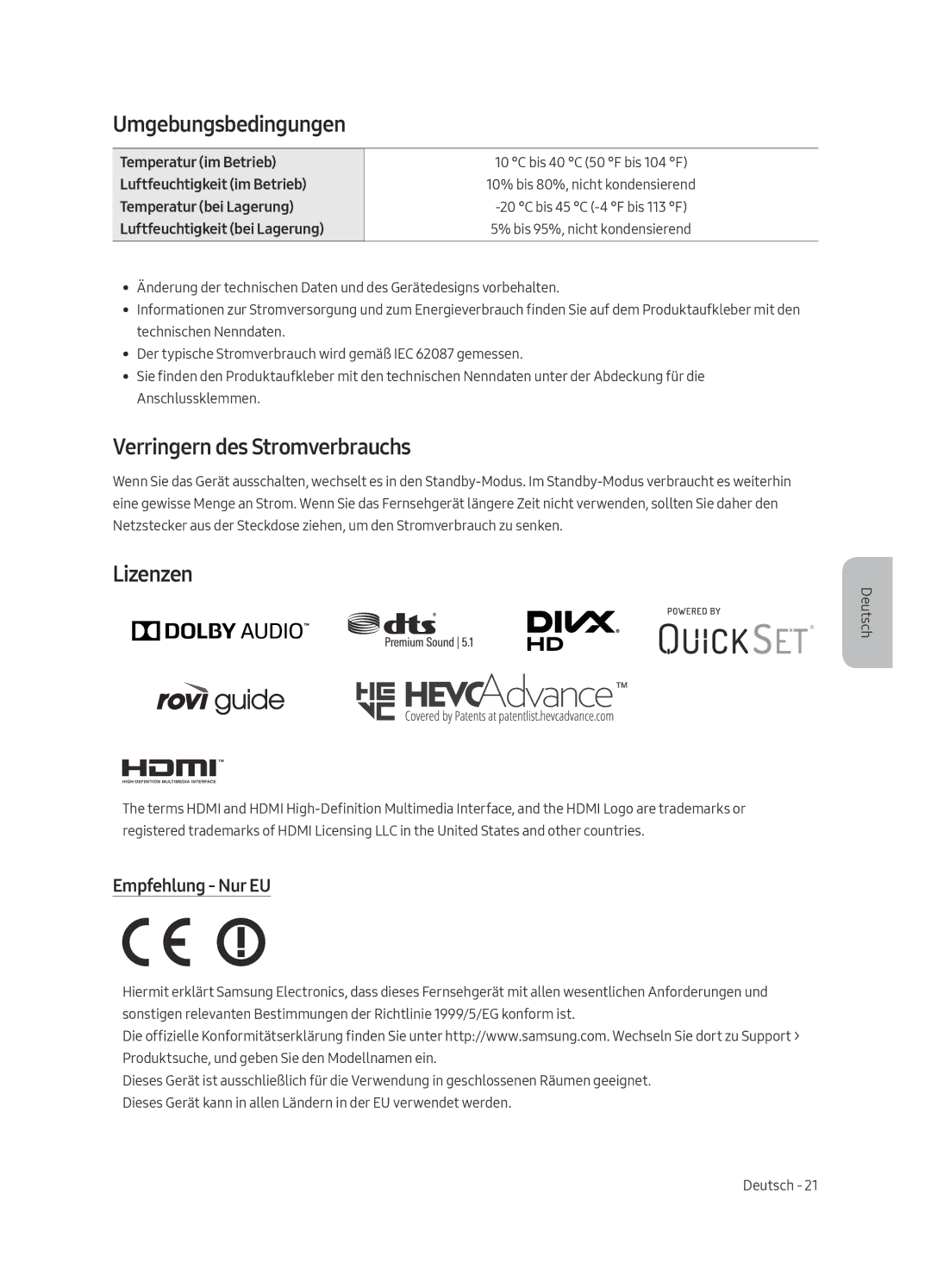 Samsung UE49MU7005TXXC, UE82MU7005TXXC Umgebungsbedingungen, Verringern des Stromverbrauchs, Lizenzen, Empfehlung Nur EU 